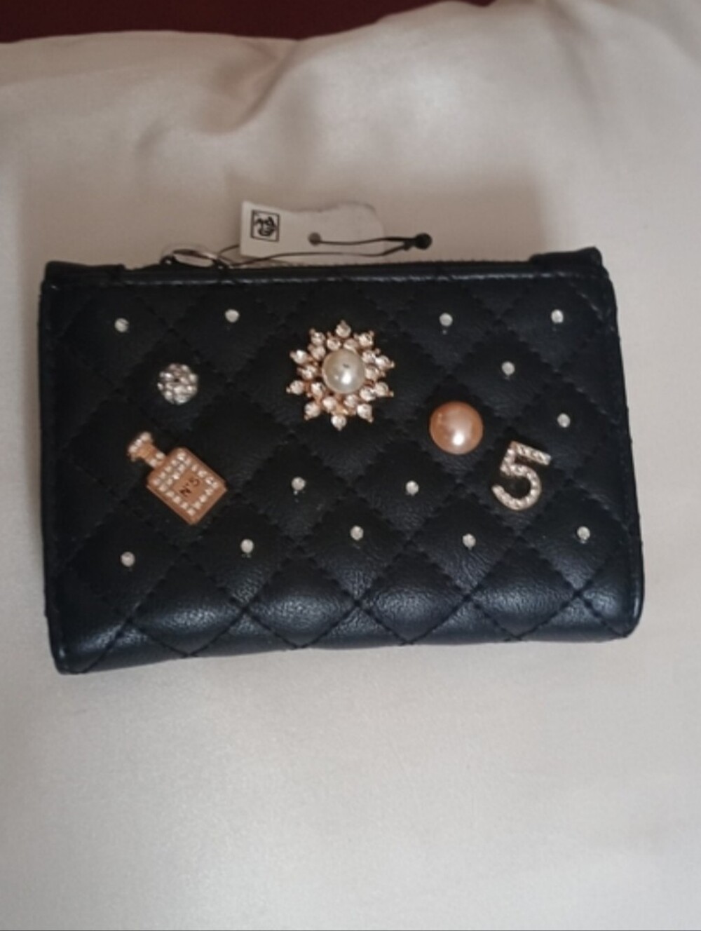 Black Quilted Accent Wallet with Added  Decorative Charms